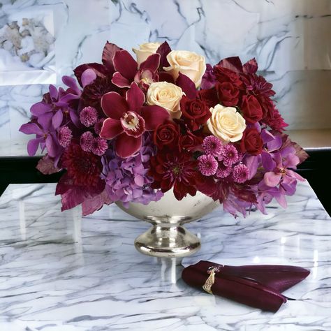 Lush and Lovely Centerpiece - DGM Flowers  | Fort Lauderdale Florist Burgundy Hydrangea Centerpiece, Purple Orchid Centerpiece, Pedestal Arrangements Wedding, Elegant Fall Wedding Flowers, Magenta Floral Arrangements, Disco Ball Floral Arrangement, Monochromatic Floral Arrangements, Spring Arrangements Floral, Jewel Tone Centerpieces