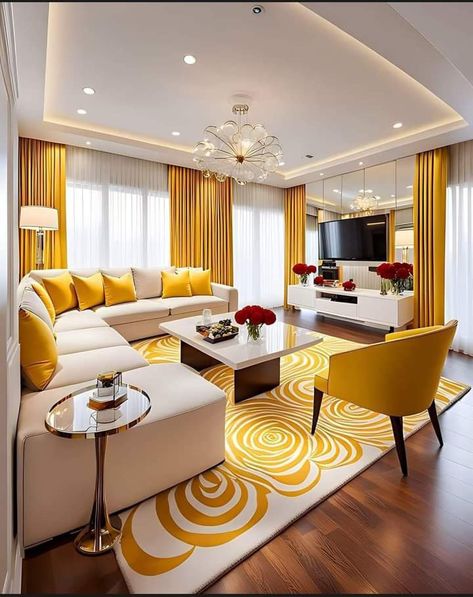 Ruang Tv, Home Decor Cozy, White Sofa, Yellow Living Room, Luxury Living Room Design, Dining Room Interiors, Home Decoration Ideas, Home Design Living Room, Living Room Decor Cozy