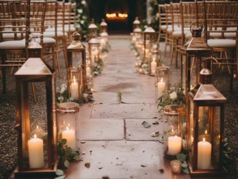 Lanterns Lining Wedding Aisle, Wedding Aisle Lanterns Outdoors, Wedding Aisle Decor Lanterns, Wedding Aisle With Lanterns, Rustic Aisle Decorations Wedding, Wedding Aisle Lanterns, Lantern Wedding Aisle, Lantern Aisle Decor, Rust Wedding Theme