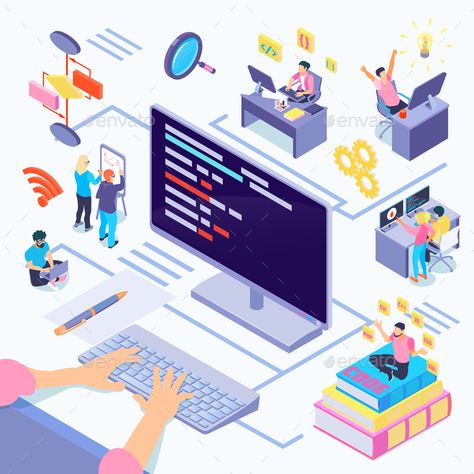 Software Developers Isometric Illustration #Developers, #Software, #Illustration, #Isometric Research And Development Illustration, Software Development Illustration, Algorithms Design, Developer Illustration, Coding Illustration, Programming Illustration, Software Illustration, Future Technology Concept, Engagement Model