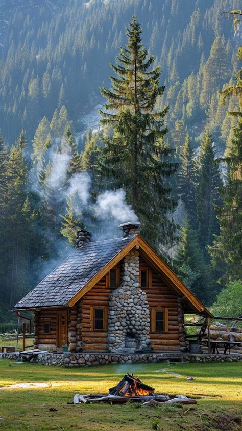 Rustic log cabin nestled in the woods surrounded by pine trees, campfire crackling in the foreground. Log Cabin Landscape, Cabin In Woods Aesthetic, Log Cabins In The Woods, Log Cabin In Woods, Log Cabin Aesthetic, Natural Wood House, Cozy Cabin Aesthetic, Pnw Cabin, Cabin Lifestyle