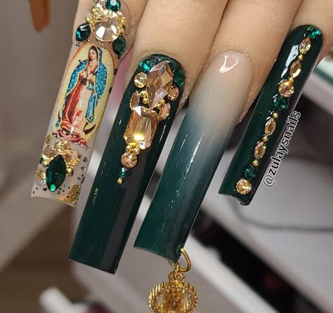 Virgin Mary Nails, Mary Nails, Ideas Para 15, Mexican Nails, Angel Cupid, Quince Nails, Quinceanera Nails, Custom Nails, Acrylic Nail Set