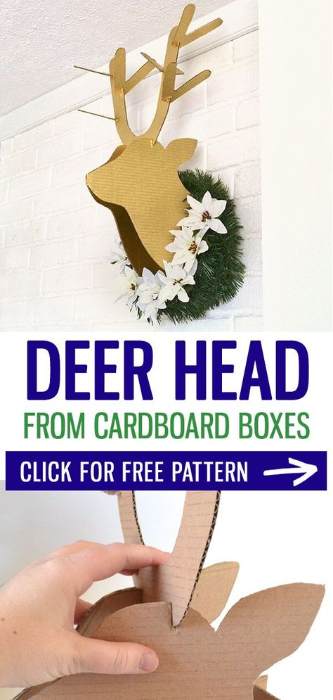 Paper Deer Head, 3d Deer Head Template, Cardboard Deer Head Template, Cardboard Reindeer Template, Cardboard Holiday Decor, Diy Cardboard Christmas Crafts, Deer Head Christmas Decor, Reindeer Crafts For Adults, Diy Christmas Decorations Cardboard