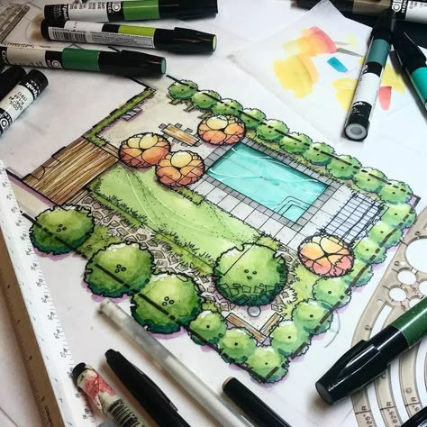 12.7 mil Me gusta, 31 comentarios - ArchiSketcher (@archisketcher) en Instagram: "Fantastic illustration by @pangeaexpress The use of markers seem paramount to landscape rendering.…" Site Plan Rendering, Site Plan Design, Landscape Architecture Plan, Landscape Design Drawings, Landscape Architecture Drawing, Drawing Hands, Interior Design Drawings, Interior Design Sketches, Landscape Sketch