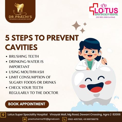 5 Essential Steps to Keep Cavities at Bay: Your Smile's Best Friends! 😁🦷 Don't let cavities steal your smile! Follow these 5 simple steps to maintain strong, cavity-free teeth and enjoy a lifetime of healthy, confident grins. 😄✨ For Expert Dental Attention, Visit DR. PRACHI'S Dental Care Clinic. Your Smile Deserves the Best! 😁👩‍⚕️ Contact Us @ 099973 86778, 0562 405 7365 -------- #OralHealth #CavityPrevention #DentalCare #SmileBright #PreventCavities Dental Clinic Creative Ads, Dental Care Poster, Dr Book, How To Prevent Cavities, Best Dentist, Poster Background, Poster Background Design, Creative Ads, Your Smile