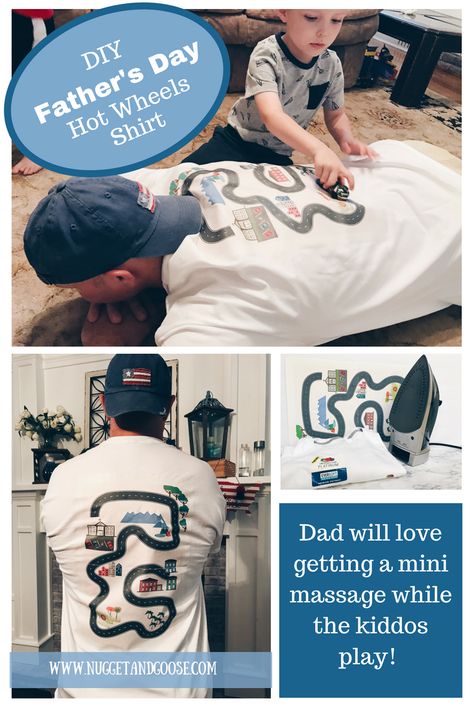 Ace Father's Day with this FREE Father's Day Race Car Track Shirt! Dad will love getting a mini massage when he's playing hot wheels with the kids!  #FathersDay #GiftsforDad #DIYGift Father Day Ideas, Tot Trays, Fathers And Daughters, Printable Road, Track Shirt, Race Car Track, Outside Baby Showers, Dads Birthday, Kids Motorcycle