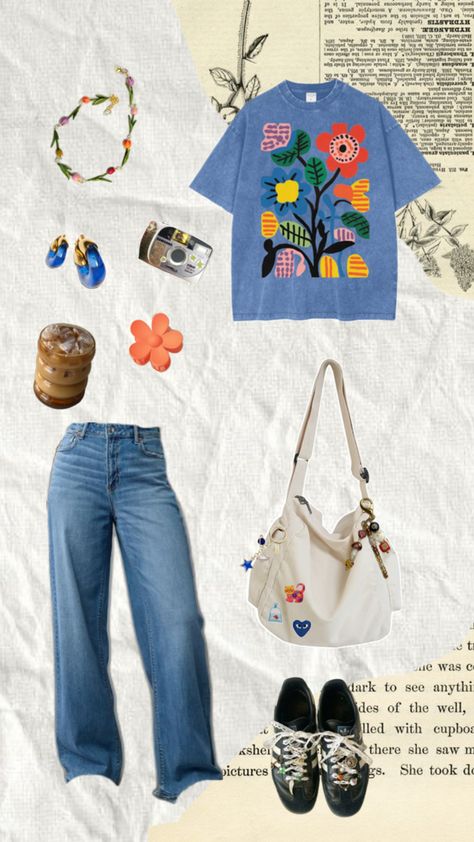 #fit #outfit #spring #color #flowers #crafts #artsy #art #aesthetic #fashion #sambas #blue #vintage #books #paper #charms Colorful Tomboy Outfits, Paper Charms, Books Paper, Artsy Outfit, Tomboy Outfits, Spring Color, Art Aesthetic, Blue Vintage, Vintage Books