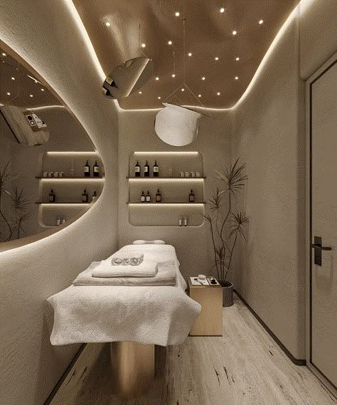 Visionaire | Massage Room on Behance Modern Spa Design Interiors Spas, Med Spa Aesthetic Decor, Massage Room Ideas Decor, Moody Spa, Facial Room Design, Beauty Room Ideas Salon At Home, Massage Room Colors, Med Spa Design, Med Spa Aesthetic