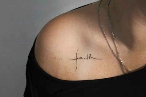 Faith Tattoo On Collar Bone, Faith Script Tattoo, Faith Collar Bone Tattoo, Neck Bone Tattoo, Faith Tattoo Ideas For Women, Faith Tattoo Ideas, Faith Tattoo Designs, Collar Tattoo, Girl Neck Tattoos