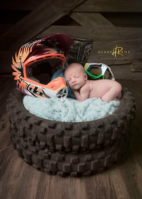 Motocross motorcycle newborn photography by Henry Roy Photography Newborn Photography Motorcycle, Newborn Photography Dirtbike, Dirtbike Newborn Pictures, Dirt Bike Newborn Pictures, Newborn Racing Photography, Dirtbike Nursery Ideas, Dirt Bike Nursery Baby Boy, Dirt Bike Nursery, Motocross Baby