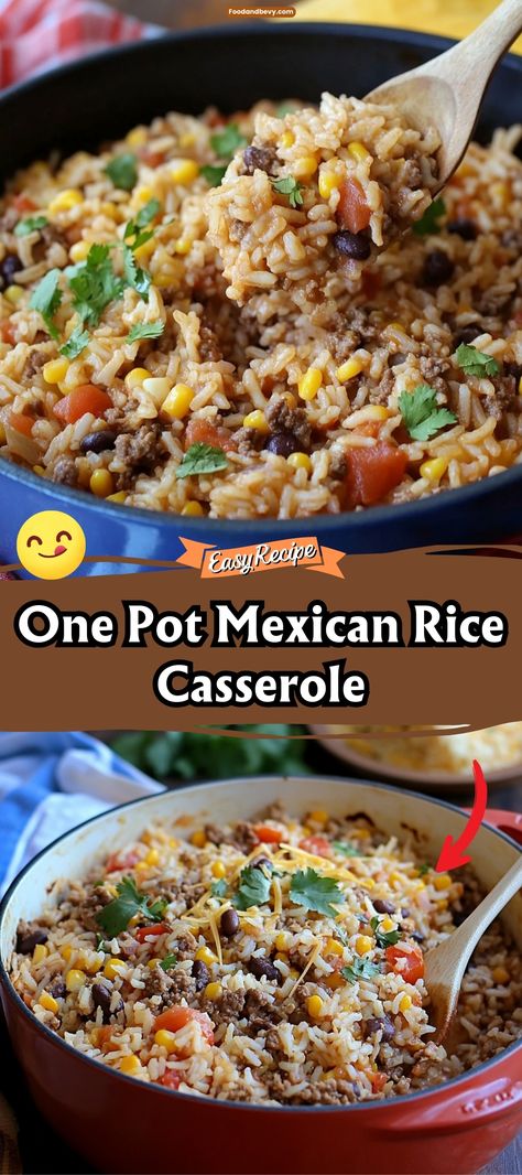 Easy One Pot Mexican Rice Casserole via @recipesforfamily12 Spanish Fried Rice Recipes, One Skillet Rice Meals, Mexican One Pan Meal, Rice And Beans Casserole, Black Bean And Rice Casserole, Rice Hot Dish, One Pot Mexican Rice Casserole, Taco Rice Recipe, Rice And Bean Burrito