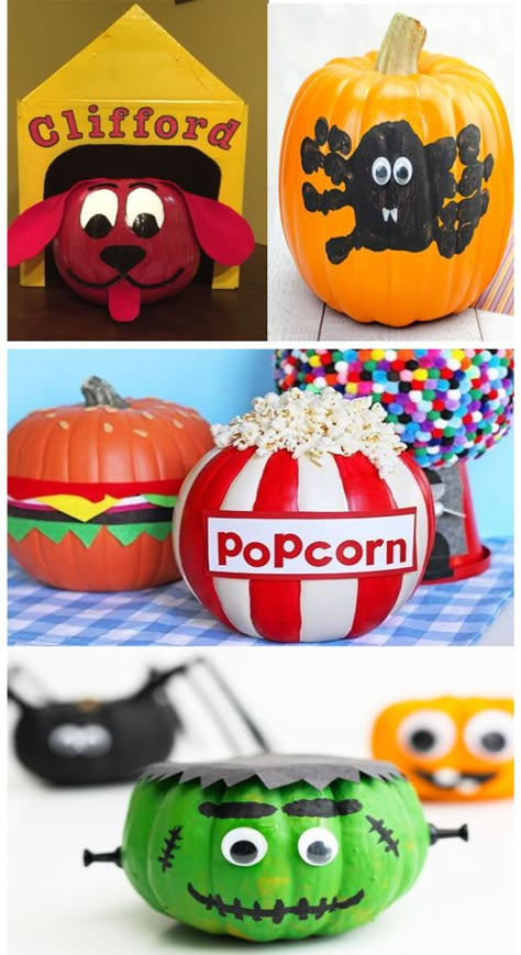 50+ pumpkin decorating ideas for kids that don't require carving! #nocarvepumpkins #pumpkindecoratingideas #kidspumpkinpainting #growingajeweledrose #fallcrafts Pumpkin Decorating Ideas Without Carving, No Carved Decorated Pumpkins, Popcorn Painted Pumpkin, Big Bird Pumpkin Decorating, Pre K Pumpkin Decorating Ideas, Carveless Pumpkin Decorating, No Cut Pumpkin Decorating Ideas, Small Pumpkin Decorating Ideas No Carve, Infant Pumpkin Decorating Ideas