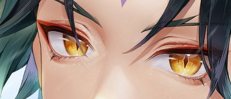 Xiao Eyes Genshin, Xiao Eye Makeup, Xiao Eyes, Xiao Makeup, Alatus Xiao, Sparkly Eye Makeup, Adeptus Xiao, Short King, Xiao Xiao