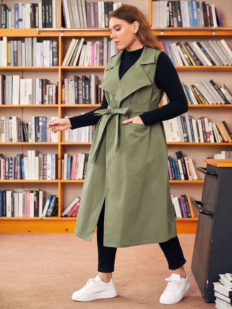 Army Green Elegant  Sleeveless Polyester Plain Wrap  Non-Stretch Spring/Fall Plus Size Outerwears Trench Vest Outfit, Army Green Vest Outfit, Long Vest Outfit Fall, Sleeveless Trench Coat Outfits, Olive Green Jacket Outfits, Green Vest Outfit, Vogue Clothes, Long Vest Outfit, Corporate Fits