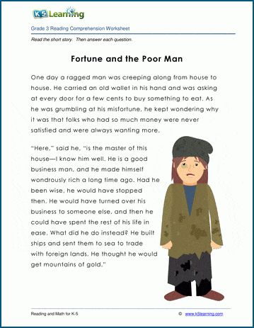 Fable for grade 3 students: "Fortune and the Beggar". Kid's fable, fiction, 450 words. Reading comprehension questions follow the historical short story. Free reading and math worksheets from K5 Learning. No login required. Present Perfect Tense Exercises, Short Fables, 3rd Grade Reading Comprehension Worksheets, Reading Comprehension Grade 1, Short Stories To Read, Fable Stories, Very Short Stories, Free Short Stories, Worksheets For Grade 3