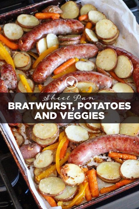 Sheet Pan Bratwurst, Potatoes and Veggies - BriGeeski Ideas For Bratwurst, Healthy Bratwurst Meals, Turkey Brats Recipes Dinners, Bratwurst And Peppers, Impossible Bratwurst Recipes, Brat Skillet Recipes, Brat Meat Recipes, Sheet Pan Brats And Potatoes, Oktoberfest Sheet Pan Brats With Roasted Vegetables