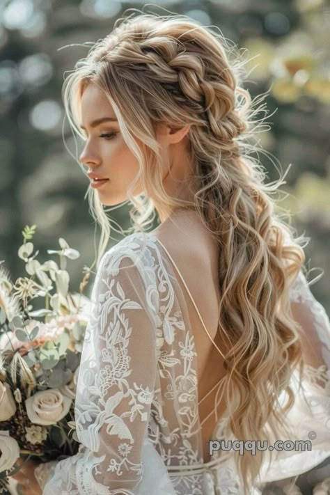 Wedding Hairstyles: Tips & Trends for 2024 - Puqqu Wedding Half Up Half Down With Headpiece, Floral Hair Pieces For Wedding, Romantic Whimsical Wedding Hair, Long Blond Wedding Hairstyles, Wedding Boho Hairstyles, Bangs Wedding Hair, Fantasy Wedding Hairstyles, Forest Wedding Hairstyles, Wedding Hair Whimsical