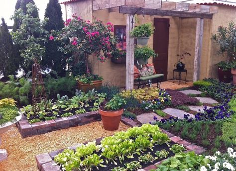 Kitchen Garden | jardin potager | Homestead Gardens’ Mediterranean Retreat Mediterranean Kitchen Garden, Mediterranean Cottage, Edible Gardens, Mediterranean Kitchen, Mediterranean Villa, Homestead Gardens, Fairytale Cottage, Hacienda Style, Edible Landscaping