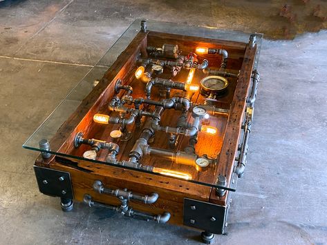 Steampunk Coffee Table, Barnwood Coffee Table, Steampunk Coffee, Coffee Steam, Barn Table, Steampunk Table, Steampunk Furniture, Fire Pit Furniture, Steampunk Industrial