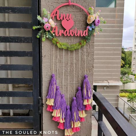 New wall Hanging Alert 📢 This time - It's a customised Name Plate for Couples ❤️ with beautiful tassels and Flowers It's a super cute option to gift a newly married couple or also as an anniversary gift. This will definitely light up the normal wall into a super cool one We customize macrame wall hangings and other house hold products based on your interiors too. To Place an order, DM @thesouledknots Macrame With Name, Macrame Name Wall Hanging, Macrame Learning, Personalized Macrame Wall Hanging, Macrame Name, Lotus Macrame Wall Hanging, Name Wall Hanging, Macrame Fox Wall Hanging, Fox Macrame Wall Hanging