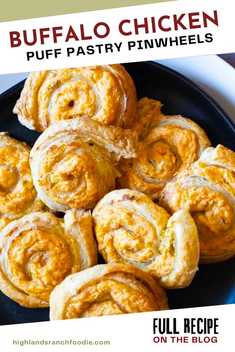 Buffalo Chicken Dip Puff Pastry, Chicken Puff Pastry Recipes Appetizers, Chicken Puff Pastry Recipes, Buffalo Chicken Puff Pastry, Chicken Puff Pastry, Hot Wing Sauce, Buffalo Chicken Pinwheels, Chicken Puff, Pastry Pinwheels