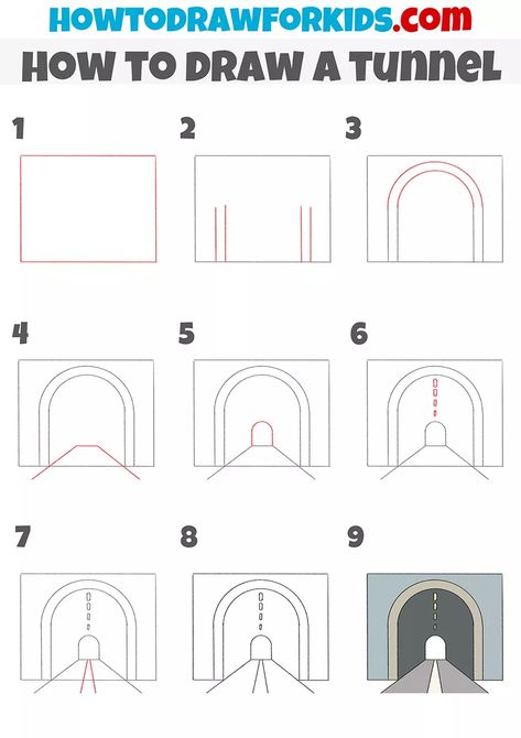 How to Draw a Tunnel - Easy Drawing Tutorial For Kids Tunnel Drawing Art, Tunnel Perspective Drawing, Tunnel Drawing Easy, Tunnel Perspective, Underground Drawing, Tunnel Drawing, Tunnel Painting, Jordan Pictures, Drawing Classes For Kids