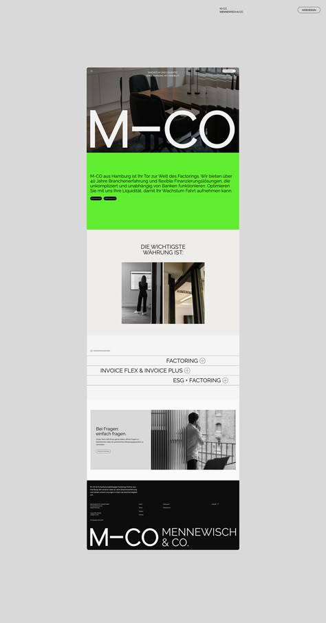 Webdesign & Branding for M-CO by 5AM :: Behance Bauhaus Website Design, Minimalistic Layout Design, Modern Minimal Graphic Design, Website Design Typography, Typographic Website, Onepage Website, Minimalistic Website Design, Editorial Web Design, Cool Website Design