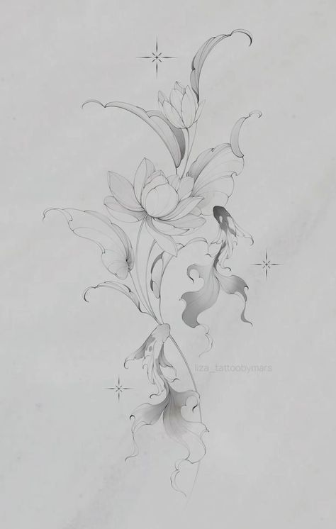 Lily Flower Arm Tattoo, Lilies Flowers Tattoo, Sketch Flower Tattoo, Wispy Tattoo, New Age Tattoo, Butterfly Tattoo Design, Water Lily Tattoos, Koi Art, Flower Tattoo Arm