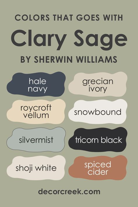 Clary Sage SW-6178 Paint Color by Sherwin-Williams Paint Color Schemes Sage Green, Clary Sage Sherwin Williams Color Scheme, Clary Sage Complimentary Colors, Clary Sage Sherwin Williams Kitchen, Colors To Pair With Sage Green, Clary Sage Coordinating Colors, Paint Colors That Go With Sage Green, Clary Sage Sherwin Williams Living Room, Clary Sage Sherwin Williams Bathroom