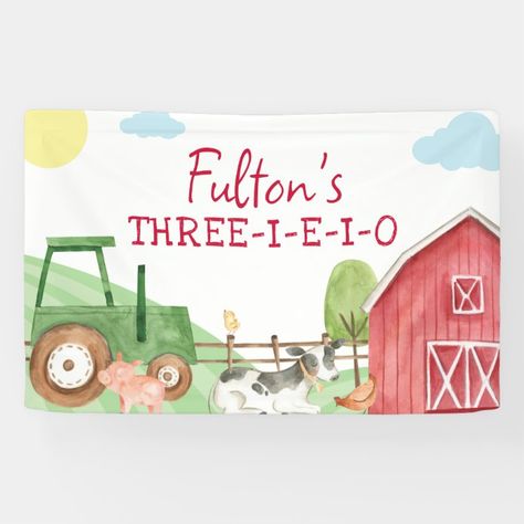 Farm Party 3rd Birthday, Farm Birthday Party Theme, Farm Banner Design, Three I E I O Party, Barn Birthday Party, Mcdonalds Birthday Party, Barn Party, Birthday Backdrops, Farm Theme Birthday