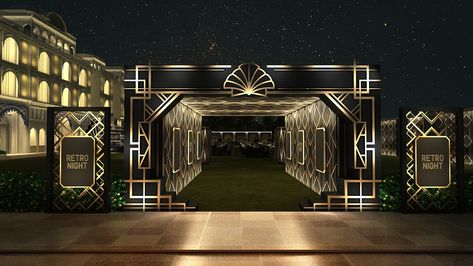 Great Gatsby Theme on Behance Great Gatsby Theme Decor, Black And Gold Theme Decor, Great Gatsby Stage Design, Gatsby Stage Design, Gatsby Backdrop Ideas, Black And Gold Cocktail Party Decor, Gatsby Entrance, Gatsby Event Decor, The Great Gatsby Party Theme