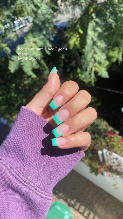 Square Nails Colored Tips, Neon French Tip Nails With Design, Acrylic French Tip Nails Color, Bright Colour French Tip Nails, Bright Color French Tip Nails Square, Coffin Nails One Color, French Tip Acrylic Nails With Color, Coffin Colored French Tip Nails, Bright Colored Acrylic Nails