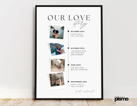 "Celebrate the beautiful journey of love with our Love Story poster, a perfect gift for Valentine's Day or any occasion dedicated to expressing affection. This uniquely designed printable elegantly encapsulates the timeline of your relationship through a series of carefully chosen pictures, bringing to life the special moments you've shared. Quick turnaround time (READY IN 12 HOURS) makes it great last minute gift idea! WHAT YOU WILL RECEIVE: ➤ CUSTOMIZED DIGITAL FILE  Ready to print high-quality (300 DPI) PDF with your list of reasons, colors and other details that I will edit for you in 24 HOURS after purchase      > this offer includes customization but not printing! You will get a DIGITAL FILE > if you need other file type just let me know ➽ 𝗚𝗘𝗧 𝟮𝟬% 𝗢𝗙𝗙 >> Join my Project Pismo Photo Relationship, Love Timeline, Love Story Poster, Poster Anniversary, Photo Timeline, Anniversary Poster, Photo Polaroid, Relationship Timeline, Diy Anniversary