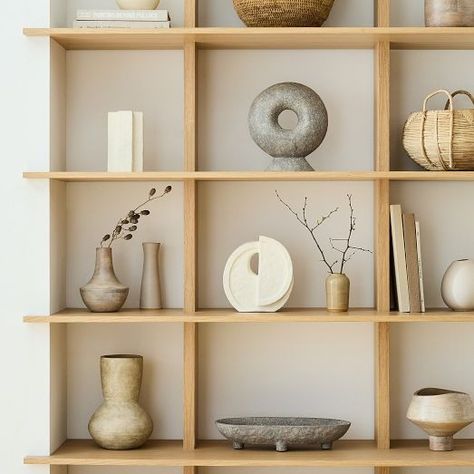 Earth Tones | West Elm Styled Floating Shelves, Living Room Shelf Styling, Form Studies, Shelf Accessories, Ideas Decoracion, Shelving Accessories, Flatware Storage, Sculptural Object, Nordic Interior