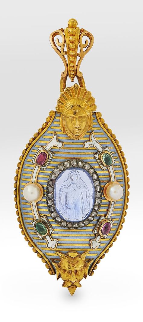 Alexis Falize - An antique enamelled gold, gem and pearl-set pendant, Paris, circa 1860. Stamped with the early poinçon of Alexis Falize. Pearl Set, Gold Enamel, Cuckoo Clock, Wall Clock, Clock, Gems, Stamp, Gemstones, Pendant