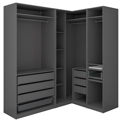 L Shape Closet, L Shape Wardrobe Design, Pax Corner, Ikea Stores, Pax Corner Wardrobe, Corner Wardrobe Closet, Walk In Closet Ikea, Gray Closet, Ikea Wardrobe