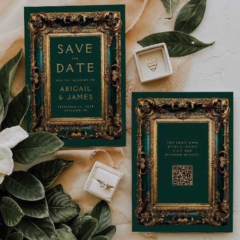 $1.98 | Vintage Green Gold QR Code Wedding Save the Date #wedding save the date, elegant, antique frame, ornate, vintage book cover, emerald green gold, qr code, moody dark academia, generativecontent, p-green-072724 Jungle Wedding Theme, Save The Date Elegant, Moody Dark Academia, Emerald Green Background, Gold Winter Wedding, Green Gold Weddings, Dark Green Wedding, Jungle Wedding, Samantha Wedding