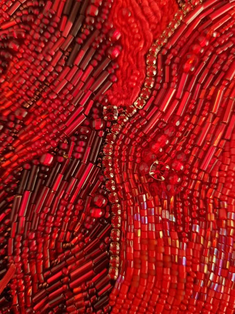 Cross Stitch Patterns Red Bead Embroidery, Bugle Bead Embroidery, Embroidered Beads On Clothes, Bugle Beads Embroidery, Beads Clothes Embroidery, Fire Inspired Fashion, Embroidery On Red Fabric, Fire Inspired Outfits, Beaded Embroidery On Fabric