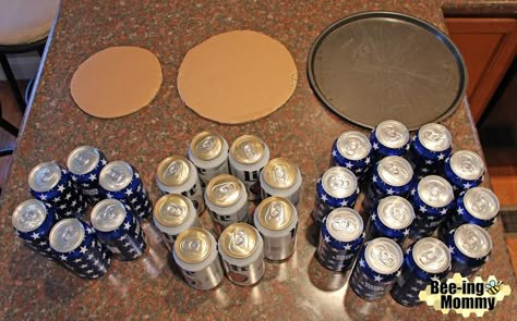 Beer Can Cake Tutorial - 30 beers, pizza pan, cardboard and decorations Birthday Party Ideas For Him, Beer Can Cake, Beer Can Cakes, Beer Cakes, Birthday Beer Cake, Cake In A Can, Beer Cake, Beer Birthday, Dirty 30