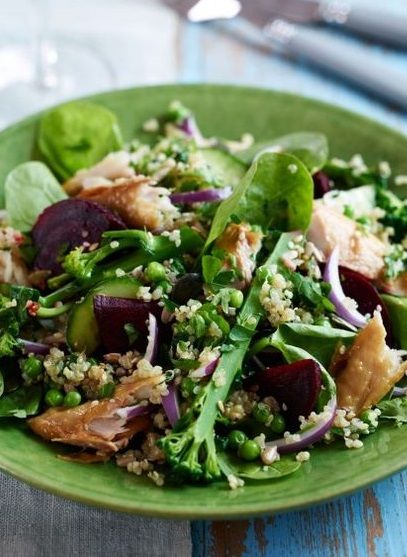 QUINOA, SMOKED MACKEREL, BROCCOLI, PEAS, SPINACH & BEET SALAD [womanandhome] Superfood Salad Recipe, Vegetable Couscous Salad, Mackerel Salad, Vegetable Couscous, Mackerel Recipes, Superfood Salad, Superfood Recipes, Quinoa Salad Recipes, Salad Recipes For Dinner