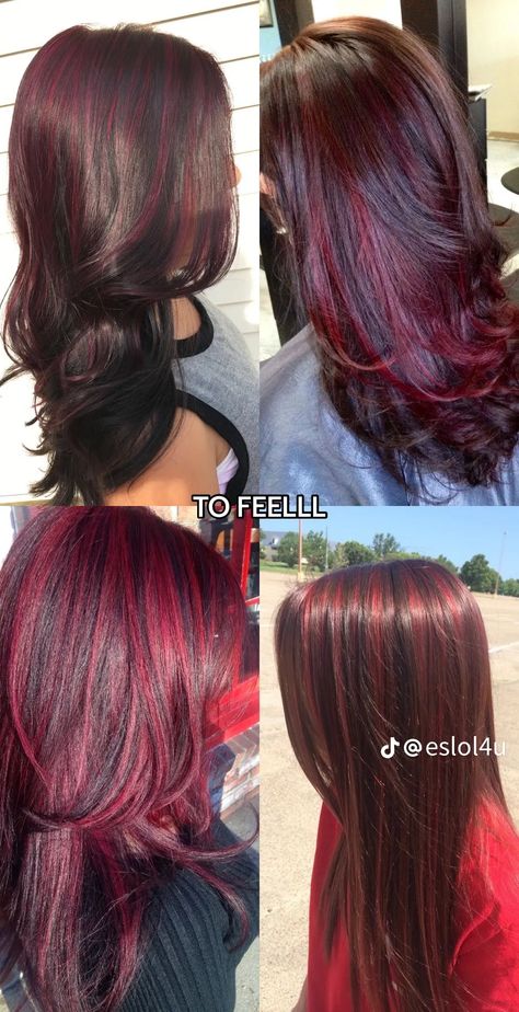 Red Hair Over Black, Red Hilights In Brown Hair Brunettes, Red Box Dye On Brown Hair, Haircolors Trends 2024, Draculaura Hair Curly, Draculaura Hair Dye, Cherry Coke Balayage, Curly Red Highlights, Red Ends On Brown Hair