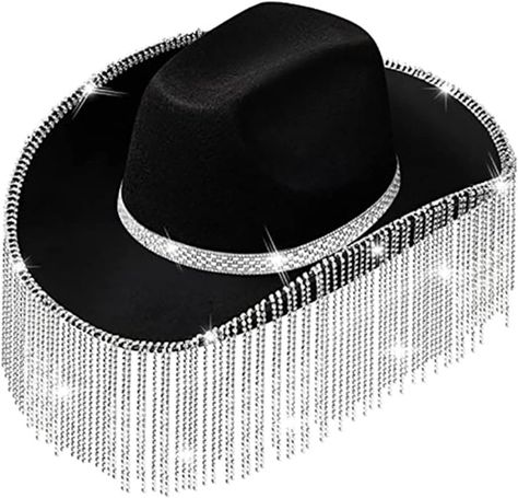 Amazon.com: Sparkly Rhinestone Black Cowgirl Hat with Fringe Western Style Wide Brim Bling Glitter Disco Ball Cowboy Caps for Men Women Cosplay Party Costume Decor : Clothing, Shoes & Jewelry Rave Cowgirl, Rave Hats, Summer Fedora, Women Bride, Holiday Costumes, Female Knight, Cowgirl Hat, Elegant Party Dresses, Denim Hat