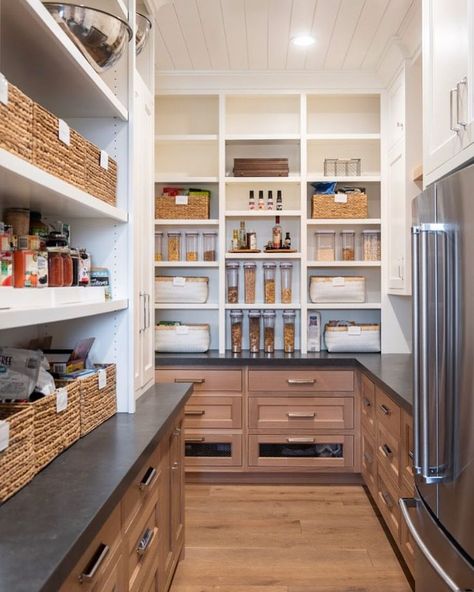 Having our second/auxiliary fridge in pantry would be super helpful! Much better than having to run down to basement/garage. Microwave could also be housed within pantry Dream Pantry, Pantry Inspiration, House Pantry, Pantry Room, Organized Pantry, Butler’s Pantry, Pantry Remodel, Kitchen Pantry Design, Kitchen Pantry Cabinets