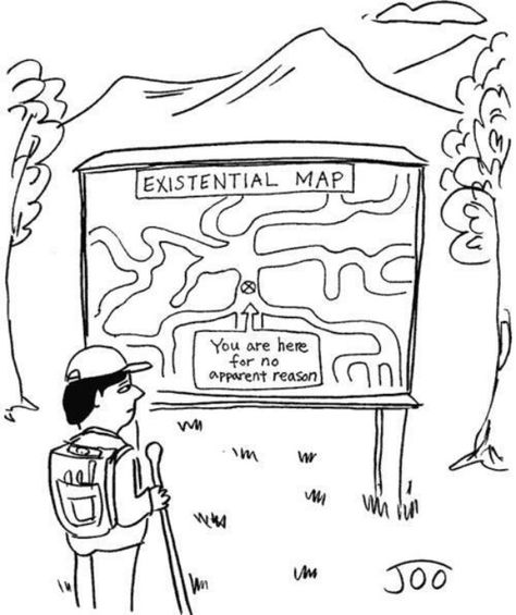 This cartoon about existentialism explains how an individual who follows this believes that their life has no meaning to it and the only meaning is to be a free person Existential Aesthetic, Existentialism Aesthetic, Existential Crisis Aesthetic, Philosophy Jokes, Existentialism Art, Existentialism Quotes, Existential Despair, Free Person, Philosophy Theories