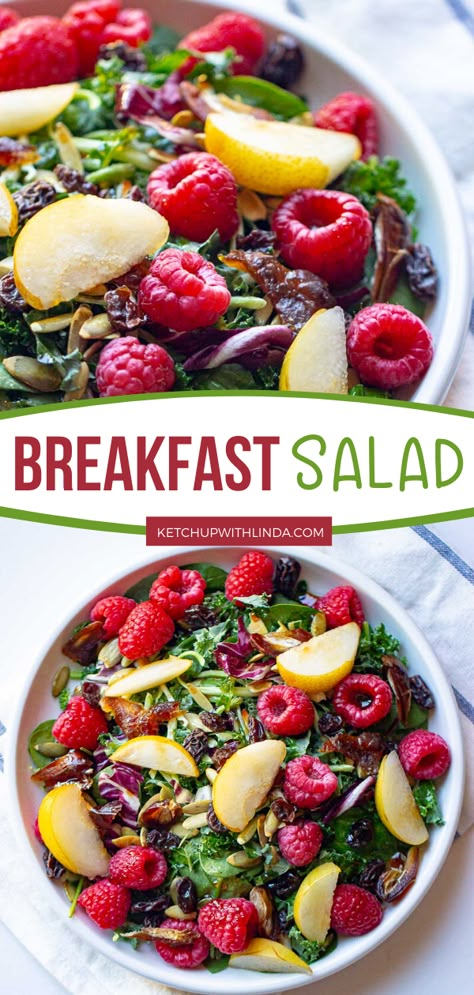 Start your day bright and fresh with this delicious Breakfast Salad! Made with blueberries, raspberries, dates, apple, almonds or walnuts, raisins, mixed greens, salad dressing, and cheese crisp, it's a healthy and hearty vegetarian breakfast! Save this pin! Breakfast Greens Salad, Vegan Breakfast Salad, Salad For Breakfast Mornings, Salads For Brunch Ideas, Salads For Breakfast, Breakfast Side Salad, Brunch Salads Spring, Gut Healthy Recipes Vegetarian, Breakfast Salad Recipes