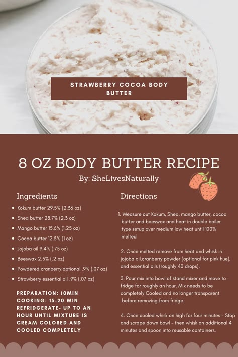 Strawberry Body Butter Recipe, Body Butter Scent Ideas, Kokum Butter Recipe, Body Butter Name Ideas, Body Butter Packaging Ideas, Body Butter Scents, Diy Body Butter Recipes, Butter Recipes Homemade, Body Butter Recipe