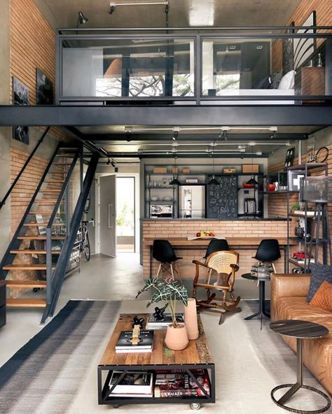 Industrial loft design with rustic interior and brick walls. Tap through to this pin to see more loft apartments and loft styles over on our Instagram! #loft #loftapartment #loftdesign #lofts #realtordotcom #loftbedroom #bedroomideas #apartment #smallspaces #tinyhome Design Casa Piccola, Interior Design Per La Casa, Loft Living, Loft House, Tiny House Interior, Loft Design, Design Del Prodotto, Loft Apartment, Industrial House