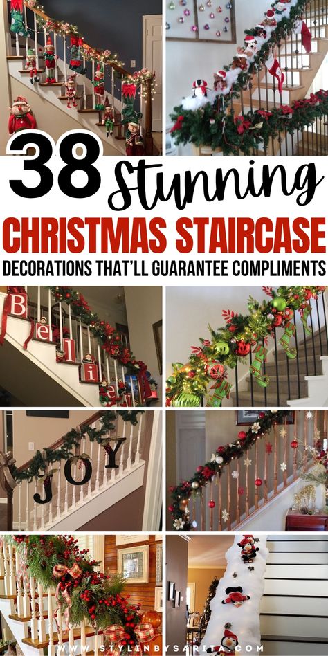 christmas staircase decorations Christmas Railings Decor, Diy Stair Christmas Decorations, Stair Railing Decorations Christmas, Bannister Ideas Christmas, Stair Railing Xmas Decor, Christmas Decoration For Stairs Railings, Christmas Decorations Railings, Stair Rails Christmas Decor, Flocked Garland Staircase