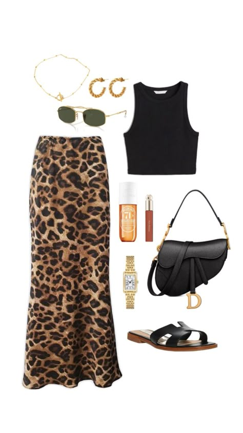 Leopard satin skirt outfit idea, fashion inspiration, fit inspi, Summer outfit, sandals, tank top, golden jewells, golden watch, sol de janeiro, dior saddle bag Leopard Satin Skirt, Safari Outfit Women, Leopard Skirt Outfit, Satin Skirt Outfit, Golden Watch, Leopard Print Outfits, Casual Work Wear, Autumn Trends, Dior Saddle