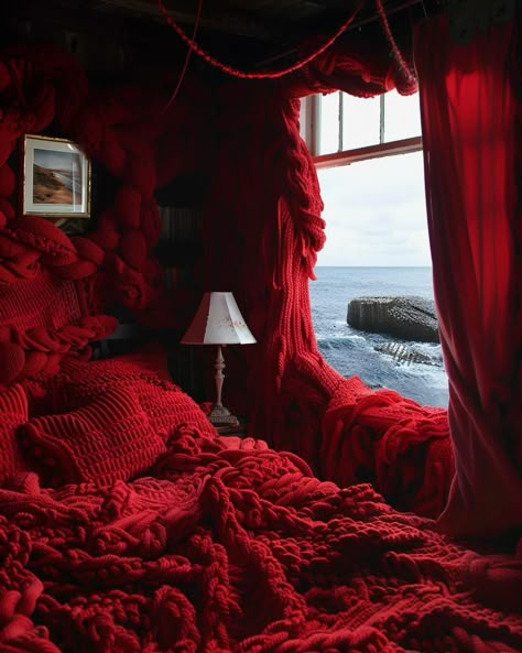 i see red house 🥩🧣🧧♦️✂️ Room Ideas Red Aesthetic, Red Rooms Aesthetic, Red Bed Aesthetic, Red Bedroom Aesthetic, Nature Bedroom Ideas, Alaska Cabin, Red Bedroom Design, Ocean Bedroom, Red Bed